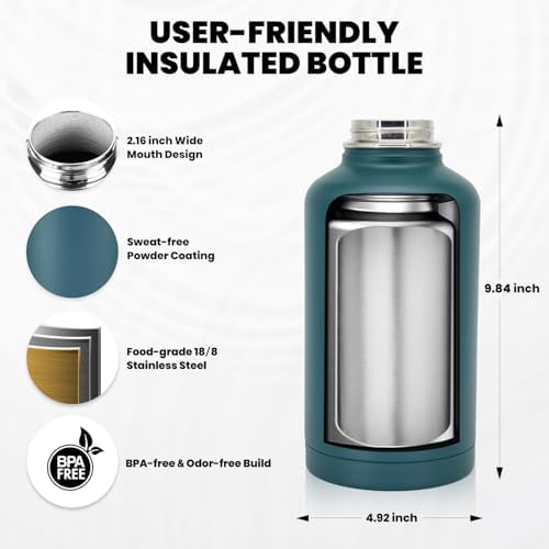 Insulated Water Bottle 64 oz, Triple Wall Vacuum Stainless Steel (Cold for 48 Hrs), Leak Proof & Non-BPA, Half Gallon Water Flask Jug with Paracord Handle & Straw Spout Lids, Dark Green
