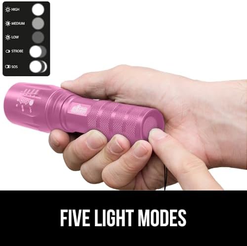 GORILLA GRIP Powerful LED 750 FT Water Resistant 5 Adjustable Mode Tactical Flashlight, High Lumens Ultra Bright Battery Zoom Flashlights, Small Camping Car Mini Flash Light Accessories, 2 Pack, Pink