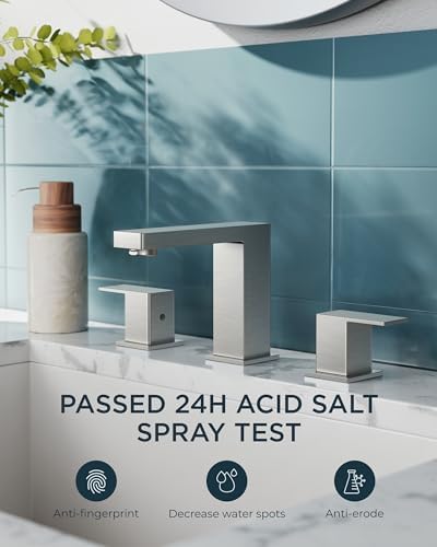 FORIOUS Brushed Nickel Bathroom Faucet for Sink 3 Hole 2 Handle, Stainless Steel Square 8" Widespread Bathroom Vanity Faucets Brushed Nickel 3 Hole with Metal Pop Up Drain, CUPC Water Hoses