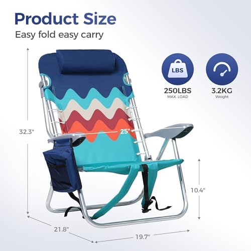 ALPHA CAMP Beach Chairs Set of 2 with Cooler Bag 4 Position Classic Lay Flat Folding with Backpack Straps Support 250LBS (Sky Blue)