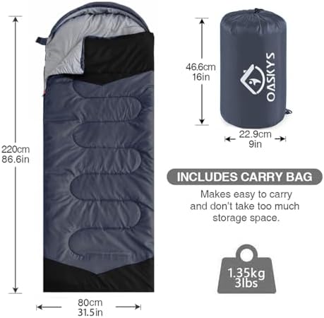 oaskys Camping Sleeping Bag - 3 Season Warm & Cool Weather - Summer Spring Fall Lightweight Waterproof for Adults Kids - Camping Gear Equipment, Traveling, and Outdoors