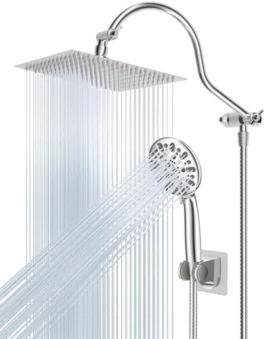 Hibbent 12'' All Metal Shower Head, High Pressure Rainfall Shower Head, Handheld Showerhead Combo, 12'' Adjustable Curved Shower Extension Arm, 7-Spray, 71'' Hose, Adhesive Showerhead Holder, Chrome