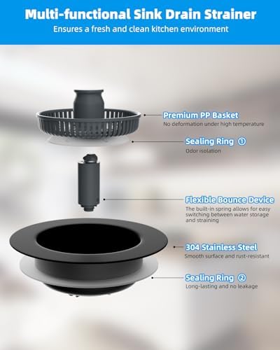 Hibbent 2 Pack 3 in 1 Kitchen Sink Drain Strainer and Stopper Combo, Stainless Steel Metal Pop Up Sink Stopper, Anti-Clogging Basket Strainer with Handle for US Standard 3-1/2 Inch Drain, Black