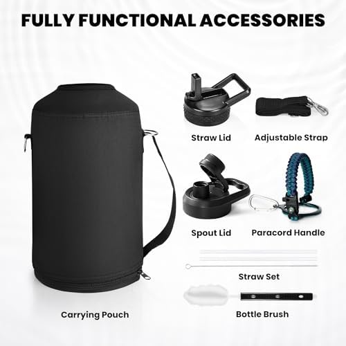 One Gallon Water Bottle Insulated, Triple Walled Vacuum Stainless Steel (Cold for 48 Hrs), Leak Proof & Non-BPA, Large Water Flask Jug with Paracord Handle & Straw Spout Lids