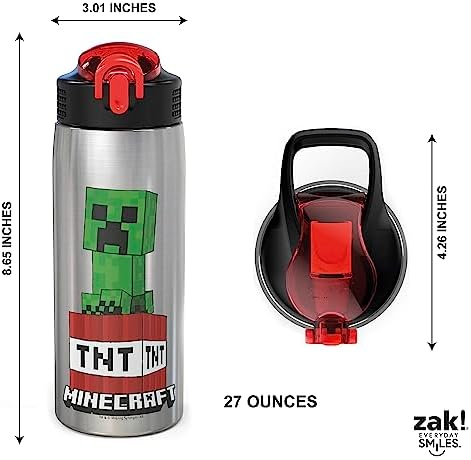Zak Designs - MICI-V151 27oz Minecraft 18/8 Stainless Steel Water Bottle with Flip-up Straw Spout and Locking Spout Cover, Durable Cup for Sports or Travel (27oz, Minecraft Creeper)
