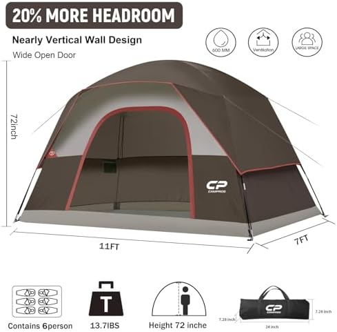 CAMPROS CP Tents for Camping 6 Person Waterproof Windproof Double Layer Family Camping Tent, Easy Setup Dome Tent with Large Mesh Windows & Wider Door for Outdoor Camping & Hiking