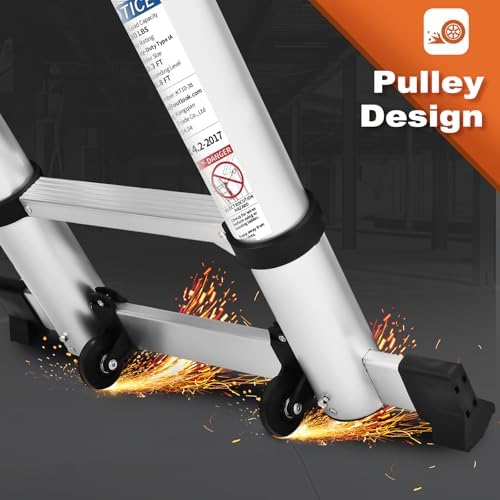 Telescoping Ladder, SocTone 20.3 FT Aluminum Lightweight Extension Ladder with Wheels and Stabilizer Bar, Heavy Duty 330lbs Max Capacity, Multi-Purpose Collapsible Ladder for RV or Outdoor Work