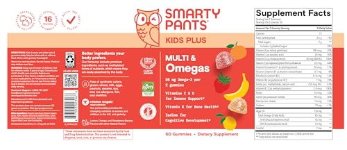 SmartyPants Kids Multivitamin Gummies - Improved Formula: Omega 3 (DHA/EPA), Vitamins D3, C, B12, B6, Vitamin A, K & Zinc, Gluten Free, Three Fruit Flavors, 60 Count (30 Day Supply)