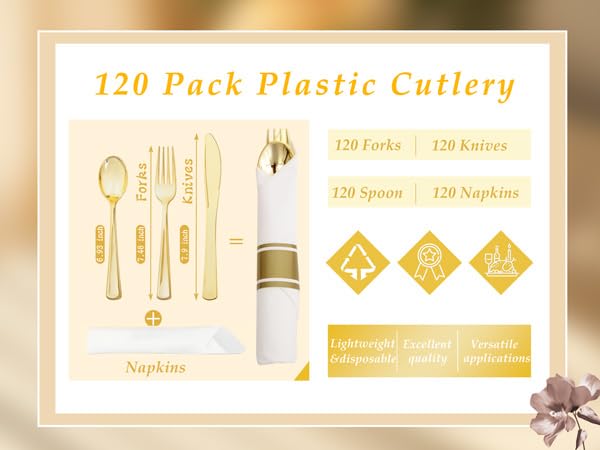Supernal 120Pack Gold Plastic Silverware Wrapped Plastic Cutlery Set with Napkin,Pre Rolled Napkins with Cutlery Set,Rolled Silverware Disposable For Halloween Thanksgiving Christmas