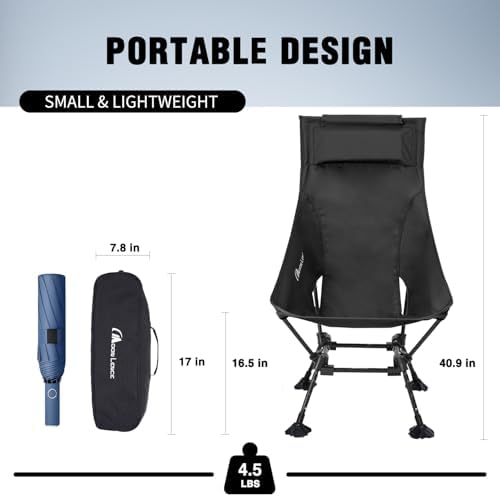 MOON LENCE High Back Folding Camping Chairs, Comfy Head Support, 5 Modes Choice, Portable Lightweight, Beach Lawn Camp Chair, with Height-Adjustable Legs & Anti-Sinking Feet