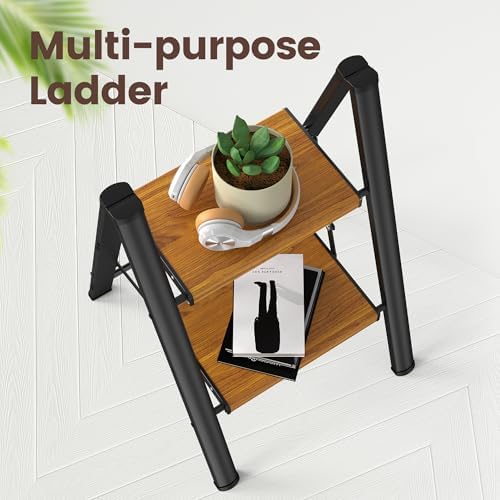 HBTower 2 Step Stool,Lightweight Aluminum Folding Step Stool with Anti-Slip Wide Pedal,330lbs Capacity 2 Step Ladder for Household,Kitchen,Office - BlackWoodgrain