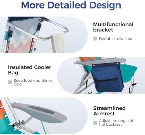 ALPHA CAMP Beach Chairs Set of 2 with Cooler Bag 4 Position Classic Lay Flat Folding with Backpack Straps Support 250LBS (Sky Blue)