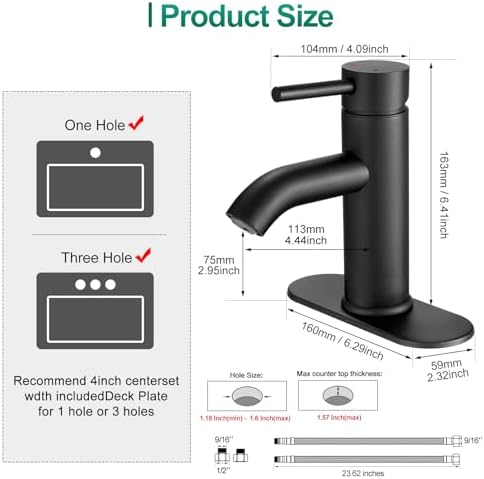 VOTON Black Bathroom Faucet Single Handle Matte Black Bathroom Sink Faucet Rv Lavatory Vessel Faucet for Bathroom Faucet 1 or 3 Hole with Deck Plate