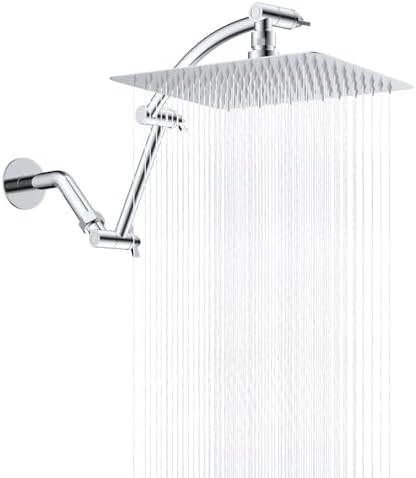 Hibbent All Metal Rain Shower Head, 10'' High Pressure Rainfall Square Showerhead with 16" Shower Head Extension Arm, Solid Brass Adjustable Shower Arm Extender, Waterfall fixed Showerheads, Chrome