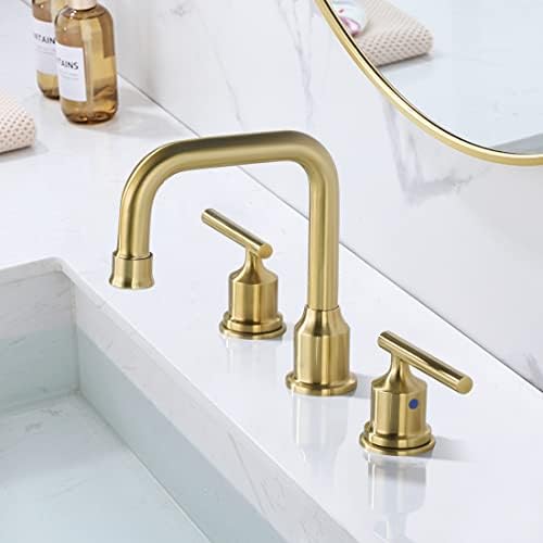 WOWOW Brushed Gold Bathroom Faucet Widespread Bathroom Sink Faucet 2 Handle Lavatory Tap 3 Holes with Drain and Supply Hoses Mordern Basin Taps
