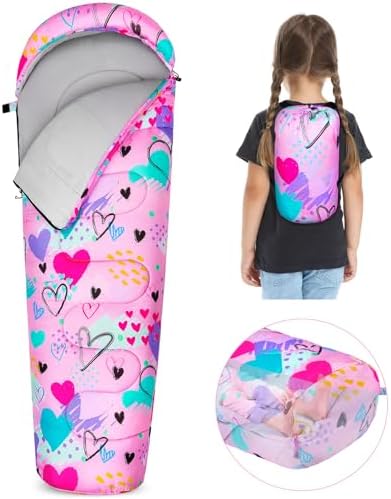 FIOBEE Kids Sleeping Bag for Girls Boys 3 Season Warm & Cool Weather Youth Camping Sleeping Bags with Backpacking Bag Waterproof for Traveling Hiking Indoor Outdoor Camping Essentials