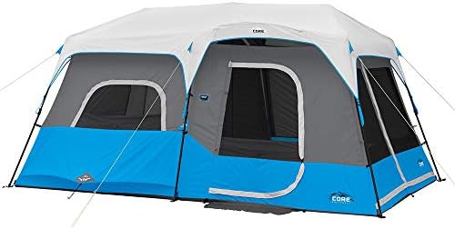 CORE Instant Cabin Tents with LED Lights | 6 Person / 9 Person / 12 Person Family Multi Room Lighted Pop Up Tents for Camping | Included Storage Pockets for Camping Accessories