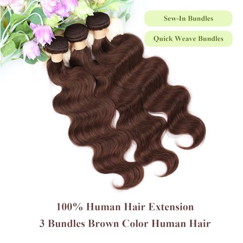 ALLRUN Brown Body Wave Bundles Human Hair 16 18 20 Inch Light Brown Hair Bundles Body Wave 12A 100% Unprocessed Brazilian Virgin Hair Chocolate Color Human Hair Extension Color 4#