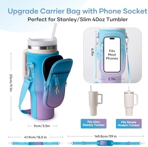 linmaya Water Bottle Carrier Bag with Phone Pocket for Stanley Cup 40/30oz,Insulated Neoprene Water Bottle Holder Cross-boday Bag with Adjustable Shoulder & Handheld Strap Stanley Cup Accessories