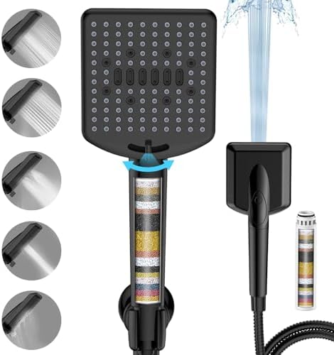 Filtered Shower Head with Handheld Matte Black - High Pressure 6 Modes, 120 Anti-clog Nozzles, Detachable Showerhead with Hard Water Filters, Extra Long 6ft Hose, Power Wash Mode for Bathroom