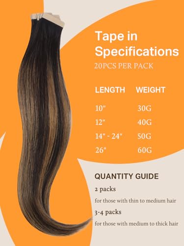 DOORES Tape in Hair Extensions Human Hair, Balayage Dark Brown to Chestnut Brown 50g 20pcs 18 Inch, Human Hair Extensions Natural Hair Extensions Remy Straight Hair Skin Weft