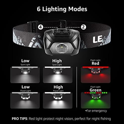 Lepro 320015 Battery Powered Headlamp - 1300Lux Super Bright LED Head Lamp with Red Light, IPX4 Waterproof Headlights for Outdoor Camping, Hiking, Hunting, Power Outages, Emergency, Hurricane, 2 Pack