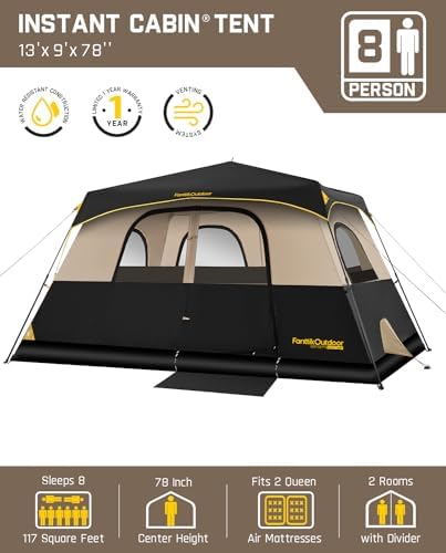 FanttikOutdoor Camping Tent 4/6/8/10 Person Instant Cabin Tent Setup in 60 Seconds with Rainfly & Windproof Portable with Carry Bag for Family Camping & Hiking