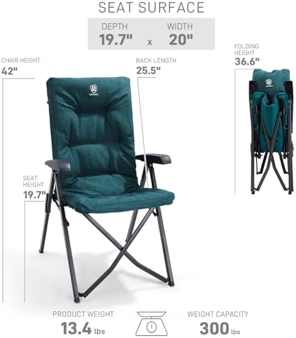 EVER ADVANCED Folding Camping Recliner Chair Fully Padded with Adjustable High Back Support Portable for Adults Patio Reclining Chair Green