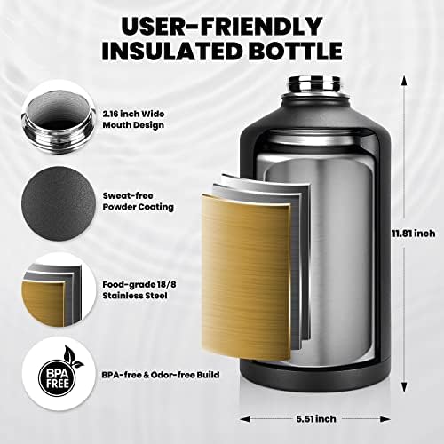 One Gallon Water Bottle Insulated, Triple Walled Vacuum Stainless Steel (Cold for 48 Hrs), Leak Proof & Non-BPA, Large Water Flask Jug with Paracord Handle & Straw Spout Lids