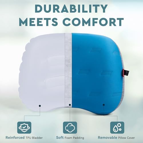 Hikenture Camping Pillow Ultralight, Inflatable Pillow with Removable Cover, Compact Portable Backpacking Pillow, Ergonomic Blow Up Camp Pillow, Washable Air Pillow for Hiking, Beach, Travel (Blue)