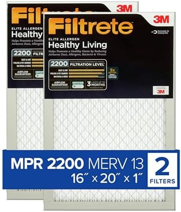 Filtrete 16x20x1 AC Furnace Air Filter, MERV 13, MPR 2200, Elite Allergen, Bacteria & Virus Filter, 3-Month Pleated 1-Inch Electrostatic Air Cleaning Filter, 2-Pack (Actual Size 15.69x19.69x0.78 in)