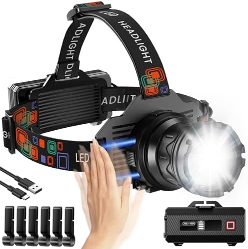 Rechargeable Headlamp Super Bright, Motion Sensor LED Head Lamp with 9 Modes, Zoomable Super Bright Headlamp for Adults 90° Adjustable, IPX7 Waterproof High Power Headlamps for Fishing Camping