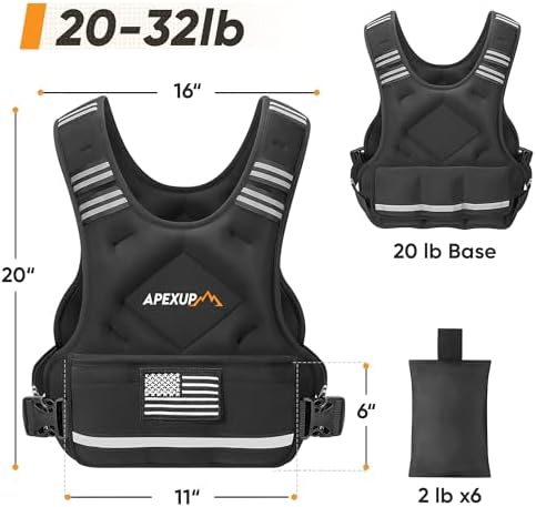 APEXUP Adjustable Weighted Vest, 4-10lb/12-18lb/20-32lb Vest with 6 Ironsand Weights and Large Pocket, Weight Vest for Men Women Strength Training, Running, Walking