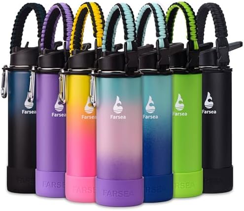 Farsea Insulated Water Bottle With Paracord Handle, Protective Boot and 2 Lids (Straw Lid & Spout Lid), Stainless Steel Water Bottle Wide Mouth, Double Wall Sweat-Proof BPA-Free, 24 oz