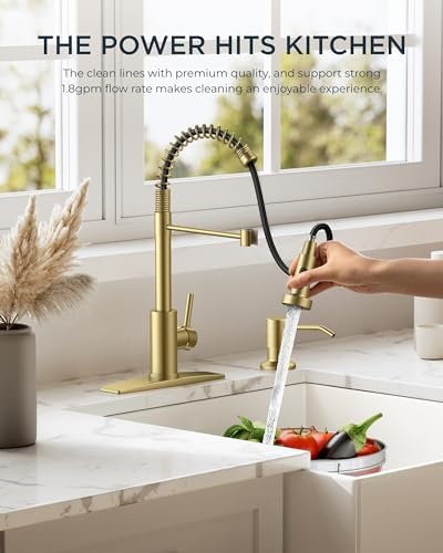 FORIOUS Gold Kitchen Faucet with Pull Down Sprayer, Stainless Steel Commercial Single Handle Classic Spring Pull Out Sink Faucet for Farmhouse Camper Laundry Utility Room