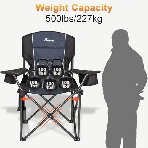 Romswi Oversized Camping Chairs,Heavy Duty Support 500 LBS,Padded Back & Arm Sport Chairs, Cup Holder Cooler Bag, Collapsible Folding Chairs for Outdoor, Fishing & Garden