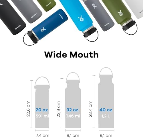 Hydro Flask Wide Mouth vacuum insulated stainless steel water bottle with leakproof closeable lid for cold water drinks, sports, travel, car and school