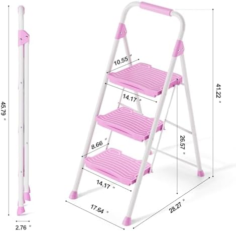 KINGRACK 3 Step Ladder, Sturdy Step Stool with Handrail, Anti-Slip Wide Pedals, 900lbs Foldable Step Stool for Home, Garage, Garden, Household, Large Loading Capacity, Pink