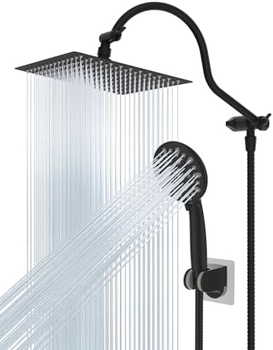 Hibbent 12'' All Metal Shower Head, High Pressure Rainfall Shower Head/Handheld Showerhead Combo/ 12'' Adjustable Curved Shower Extension Arm, 7-Spray, 71'' Hose, Showerhead Holder, Matte Black