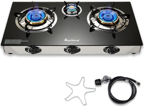 Propane Stove 3 Burner Gas Stove, 34000 BTU High-Efficiency Auto Ignition Tempered Glass LPG Cooktop with CSA Regulator and Hose – for Outdoor Camping, RV, and Emergency Cooking