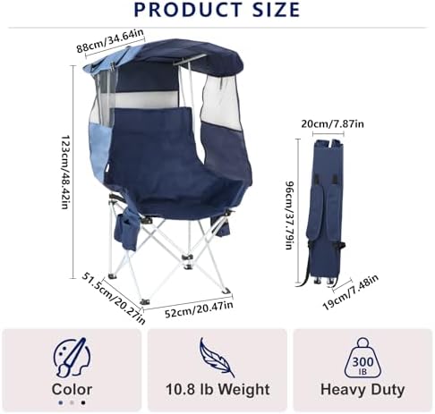 Folding Camping Chairs Canopy Outdoor: Sports Portable Beach Chair with Canopy-Lawn Beach Chairs with Umbrella for Adults-Camping Chair with Shade for Fishing Camp Heavy Duty (Regular, Navy Blue)