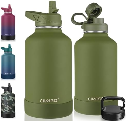 CIVAGO 64 oz Insulated Water Bottle With Straw, Half Gallon Stainless Steel Sports Water Flask Jug with 3 Lids (Straw, Spout and Handle Lid), Large Metal Thermal Cup Mug, Army Green