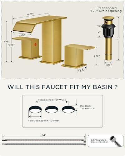 FORIOUS Brushed Gold Bathroom Sink Faucets 3 Hole Widespread, 2 Handles Bathroom Faucet with Pop-up Drain and Flexible Hot and Cold Water Hoses, Suitable for Vanity RV Restroom