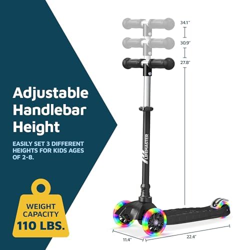 Kids Scooter – Children and Toddler 3 Wheel Kick Scooter – LED Wheel Lights Illuminate When Rolling– Adjustable Handlebar – Indoor and Outdoor