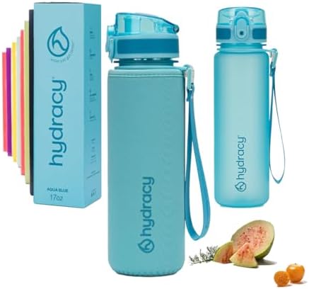 Hydracy Water Bottle with Time Marker -Large BPA Free Water Bottle & No Sweat Sleeve -Leak Proof Gym Bottle with Fruit Infuser Strainer & Times to Drink -Ideal for Fitness Sports & Outdoors