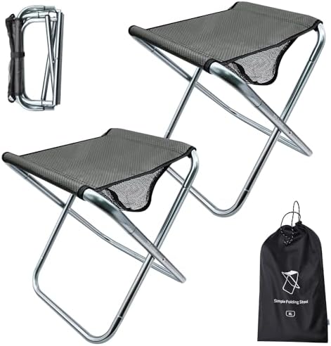 2 Pack Camping Stool, 16in Tall Large Size Folding Stool with Carry Bag, Aluminum Alloy Bracket, 1.5lbs Lightweight, Load Capacity to 300lbs, for Travel, BBQ, Fishing(2 Pack Grey)