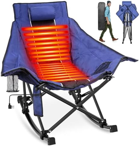 Suteck Heated Rocking Camping Chair, XL Oversized Rocking Chair Outdoor with 3 Heat Levels for Back and Seat, Heated Chairs Outdoor Sports for Patio Lawn Picnic Travel, Power Bank(Not Included)