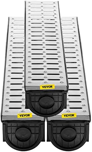 VEVOR Trench Drain System, Channel Drain with Metal Grate, 5.9x5.1-Inch HDPE Drainage for Garage Floors, Black Plastic Trench with End Caps, 3x39 Grate - 3 Pack