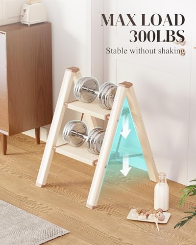 GameGem 2 Step Ladder, Folding Step Stool with Wider Pedal, Anti-Slip Feet & Non Slip Stripes, Aluminum Sturdy Material, 300Lbs Capacity, Elegant Look of Cream Chocolate Better Matches Your Home