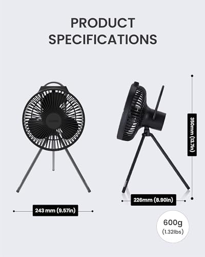 Claymore Portable Fan V600+ (Black) - Portable Fan with Airflow for Outdoors Use & Indoor Living Room, Desk, Table Fan. Super Quiet, USB-C Charging, Long-Lasting Battery, Includes Storage Case.